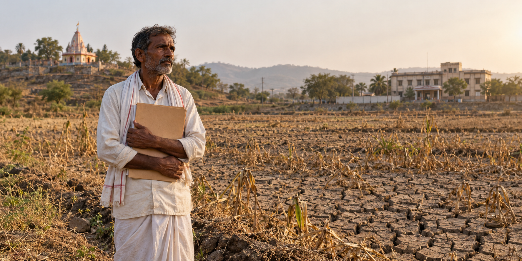 A cultivator holding a document folder stands beside a cracked field in rural Maharashtra, with a small temple and an administrative building in the distance.