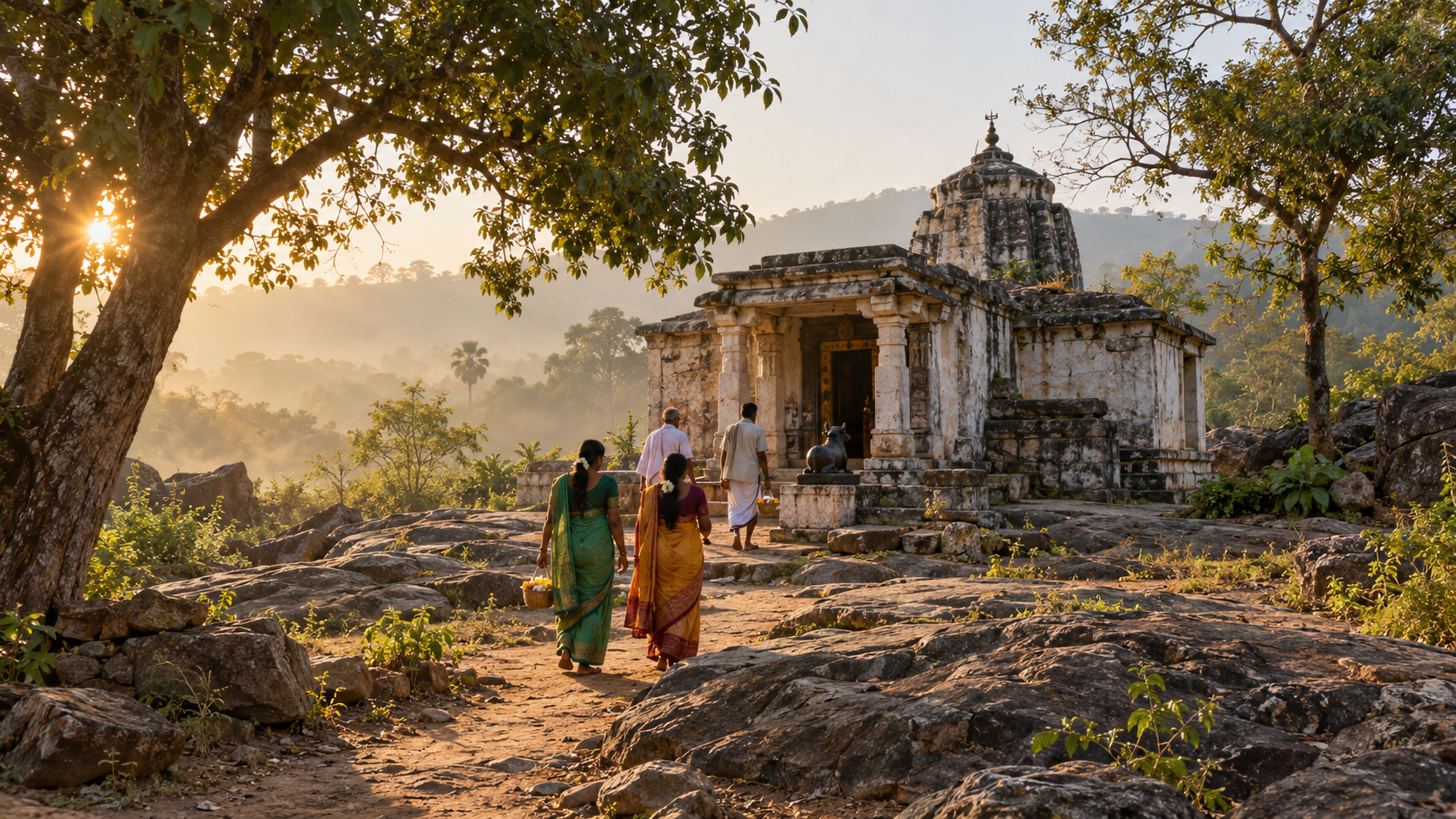 Pilgrims approach a modest stone Shiva temple in the countryside near Vikarabad in the soft light of early morning.