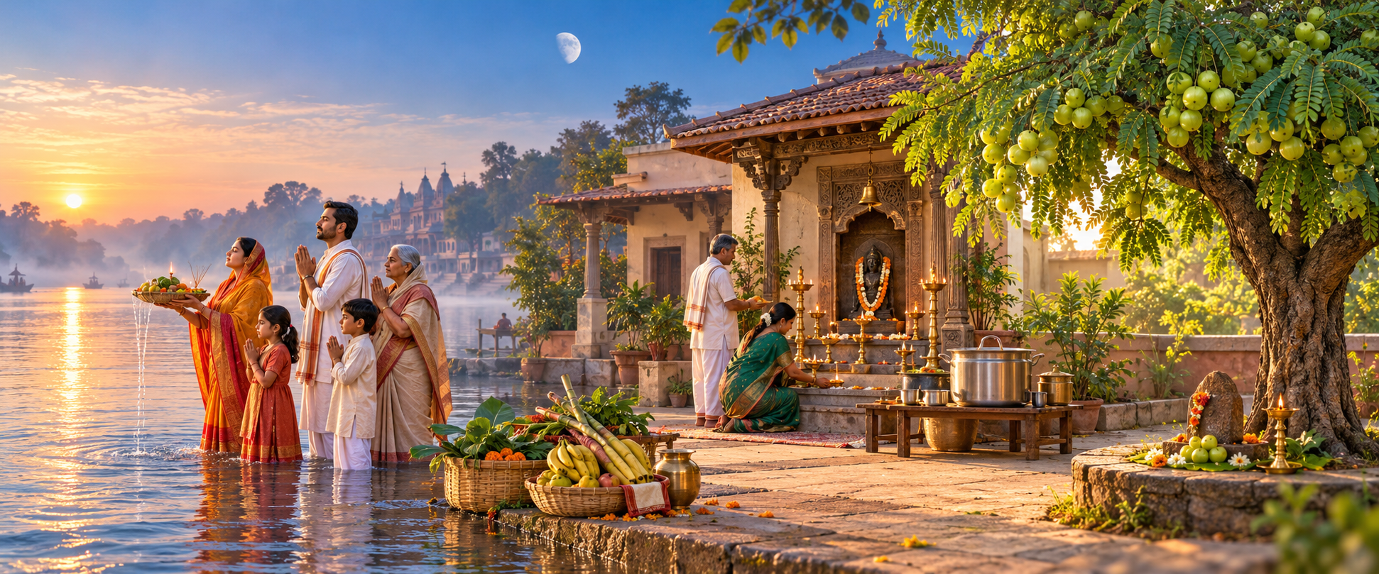 A continuous illustrated landscape shows a sunrise river offering, a community shrine courtyard and an Indian gooseberry tree during Kartik observances.