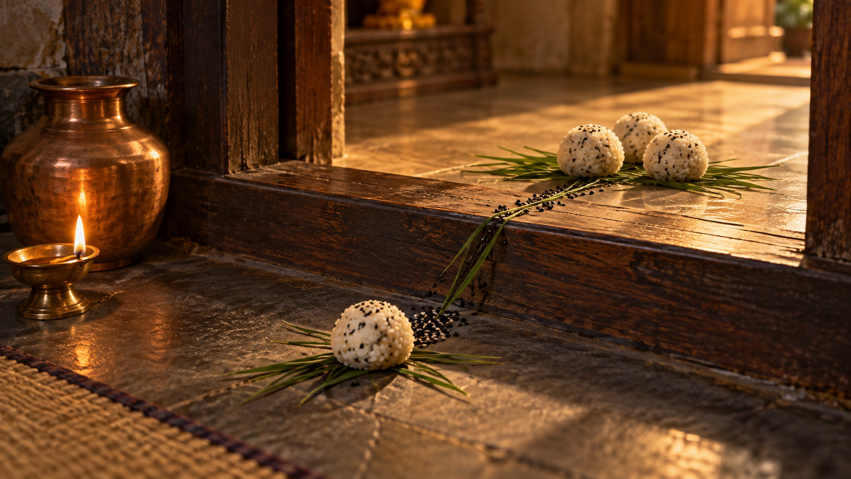 One rice offering sits before a wooden threshold, connected by sesame and kusa grass to three offerings beyond it.