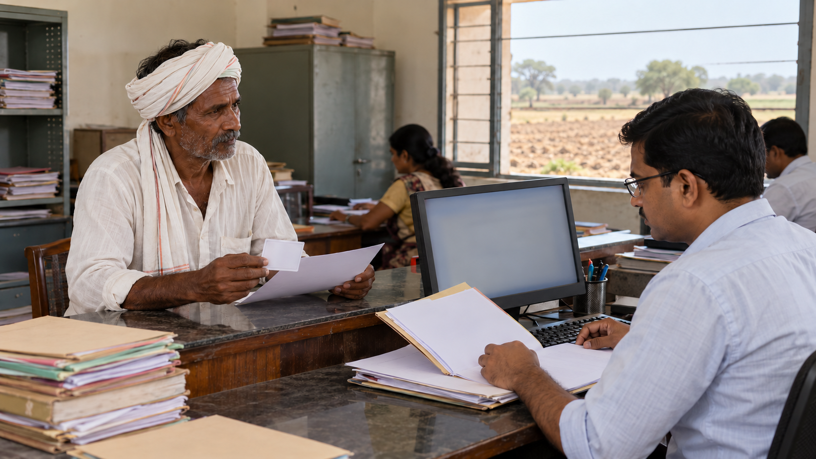 A cultivator presents documents to an official at a government service counter while an application is reviewed on a computer.