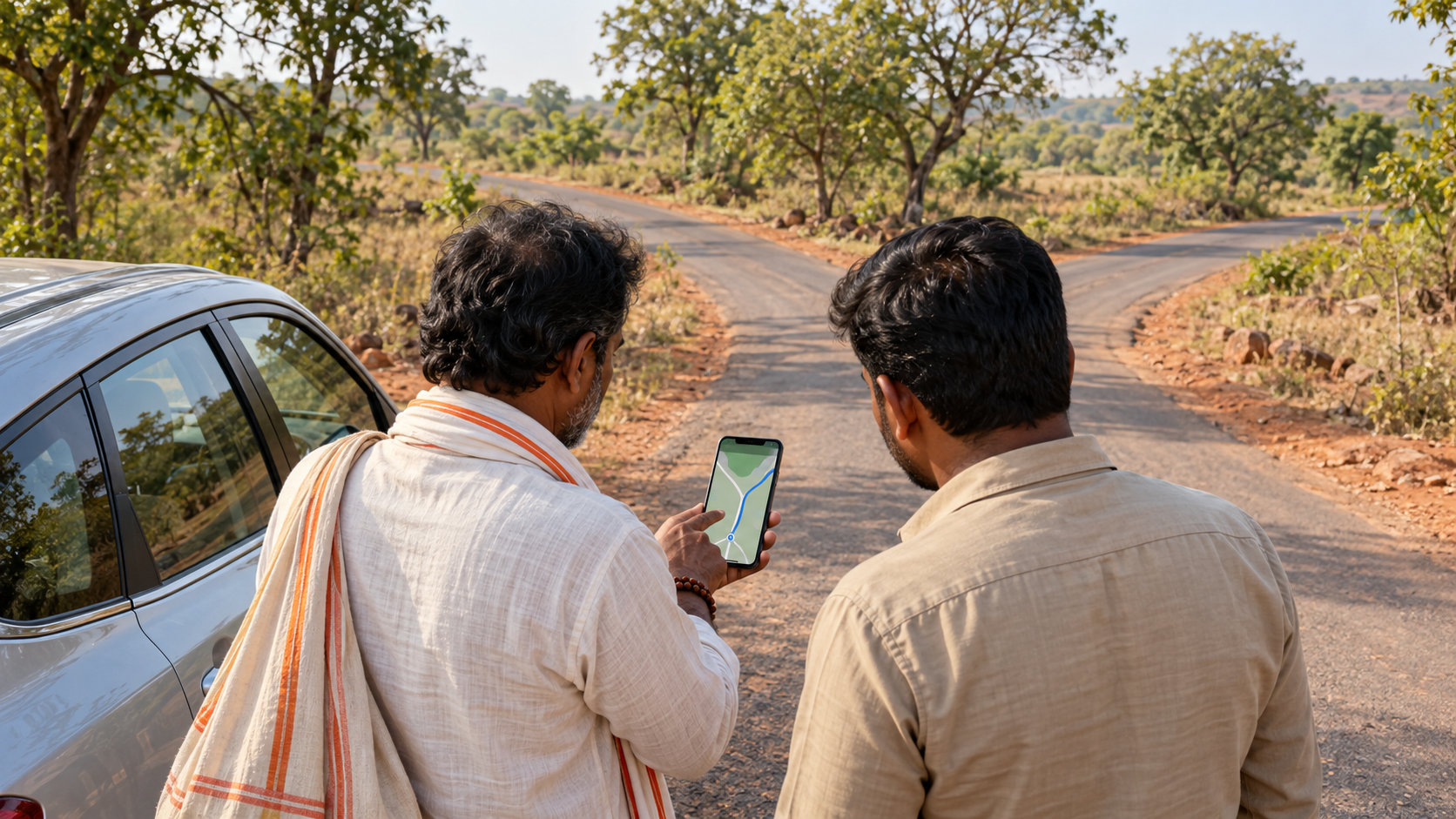 A pilgrim and driver check a smartphone route beside a car at a rural junction near Vikarabad.