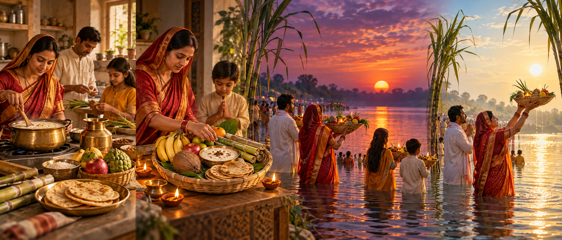 Four illustrated moments show household preparation, a food offering, sunset worship at the water and a sunrise river offering during Chhath.