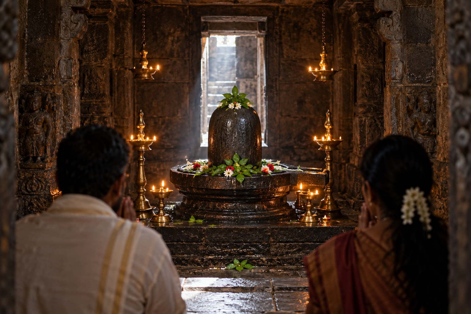Devotees pray before a flower-adorned Shiva lingam illuminated by oil lamps inside a small stone sanctum.