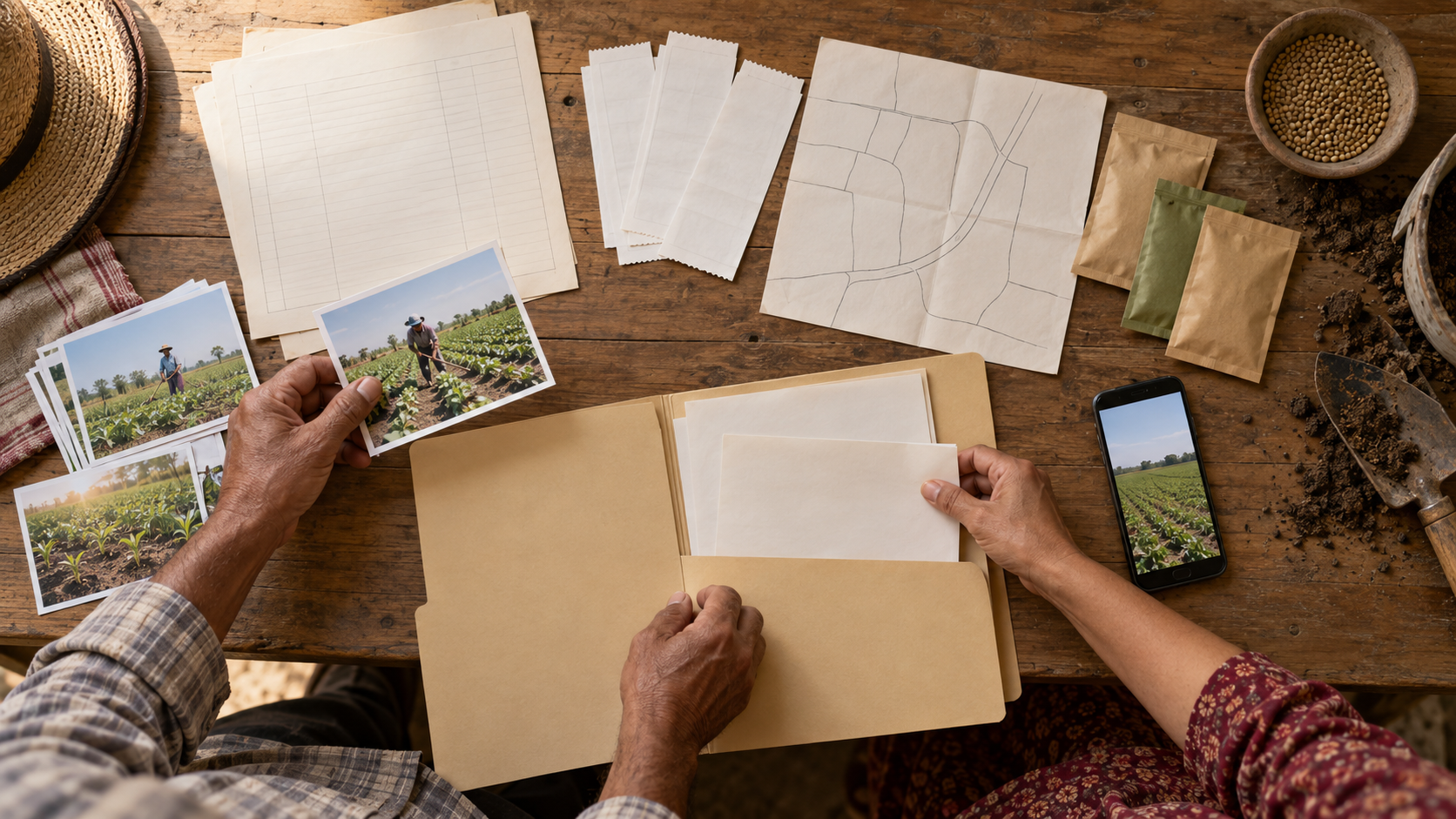 Two people organize land papers, receipts, field photographs, a phone, and farming materials into a document folder.