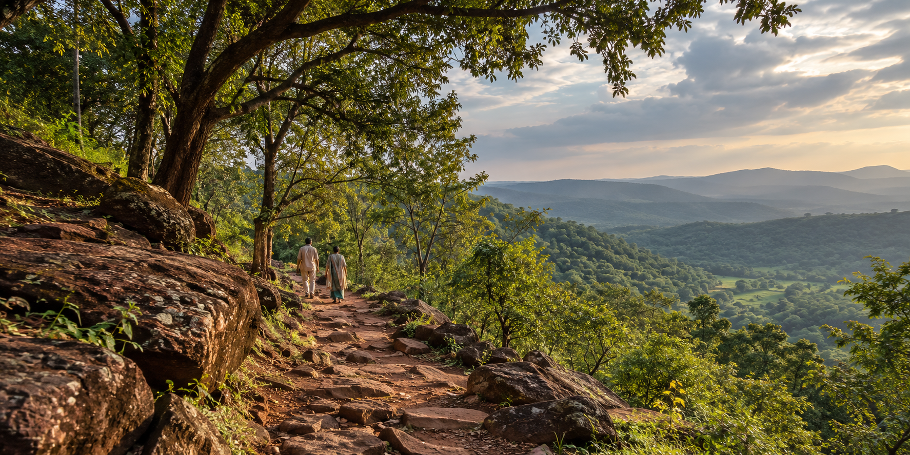 Two visitors walk along a shaded forest path overlooking the green slopes of the Ananthagiri Hills.