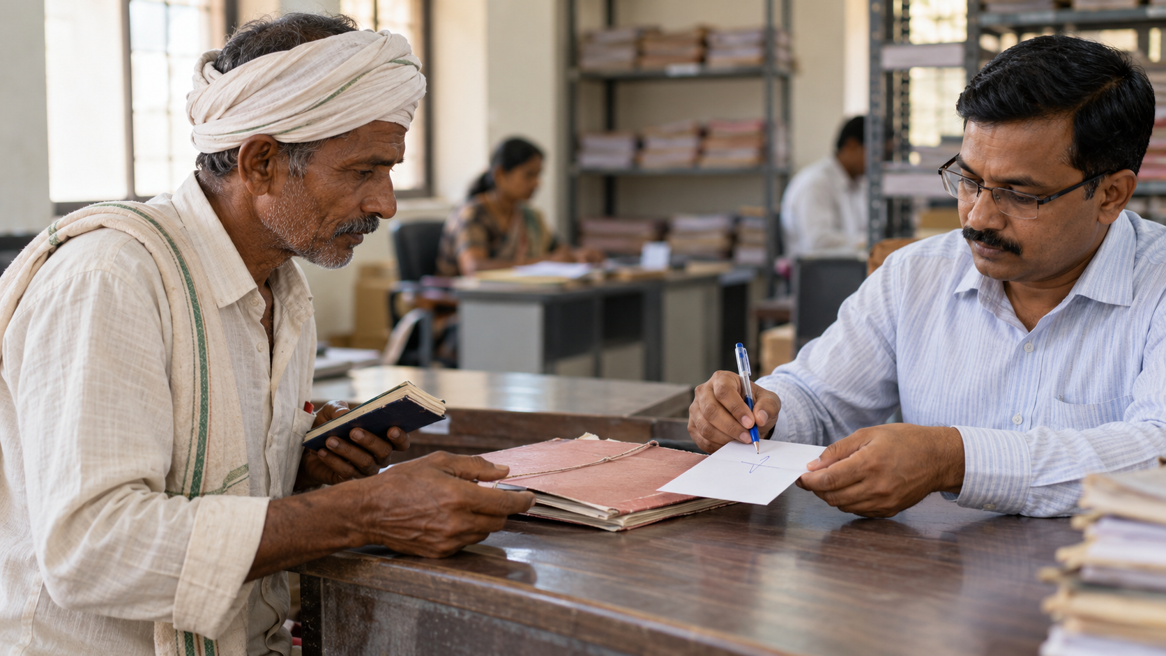 A cultivator receives an acknowledgment slip after submitting a document folder at an administrative office counter.
