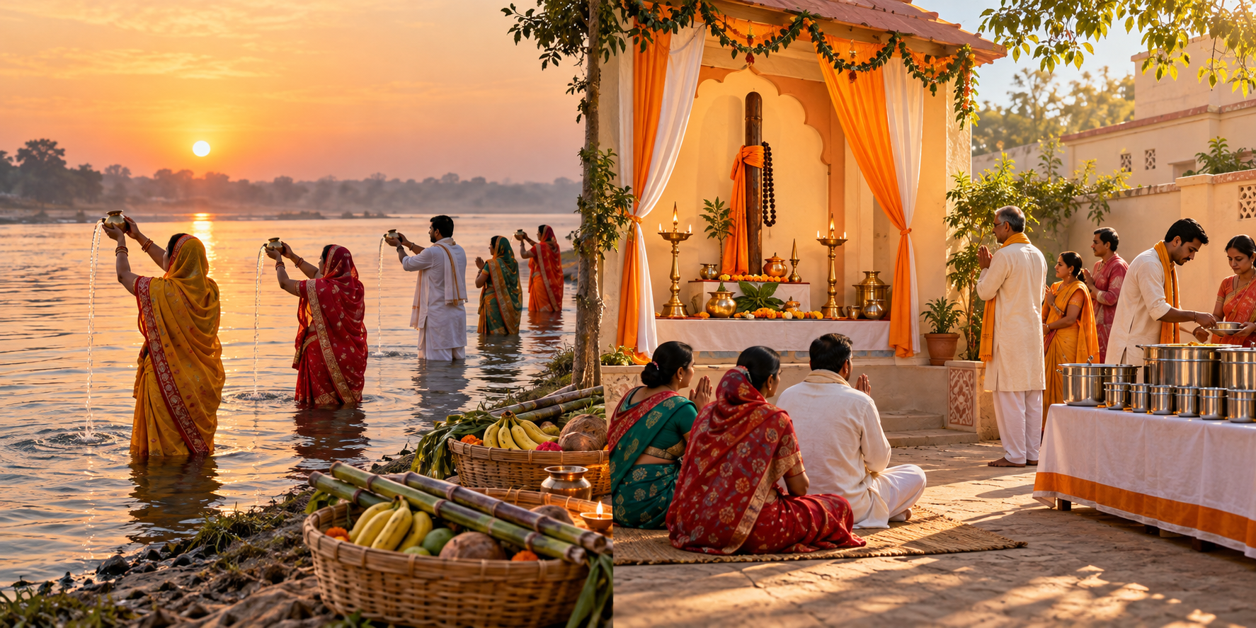 A split illustration contrasts devotees making a sunrise river offering with worshippers gathered beside lamps and meal vessels in a Gujarati community shrine.
