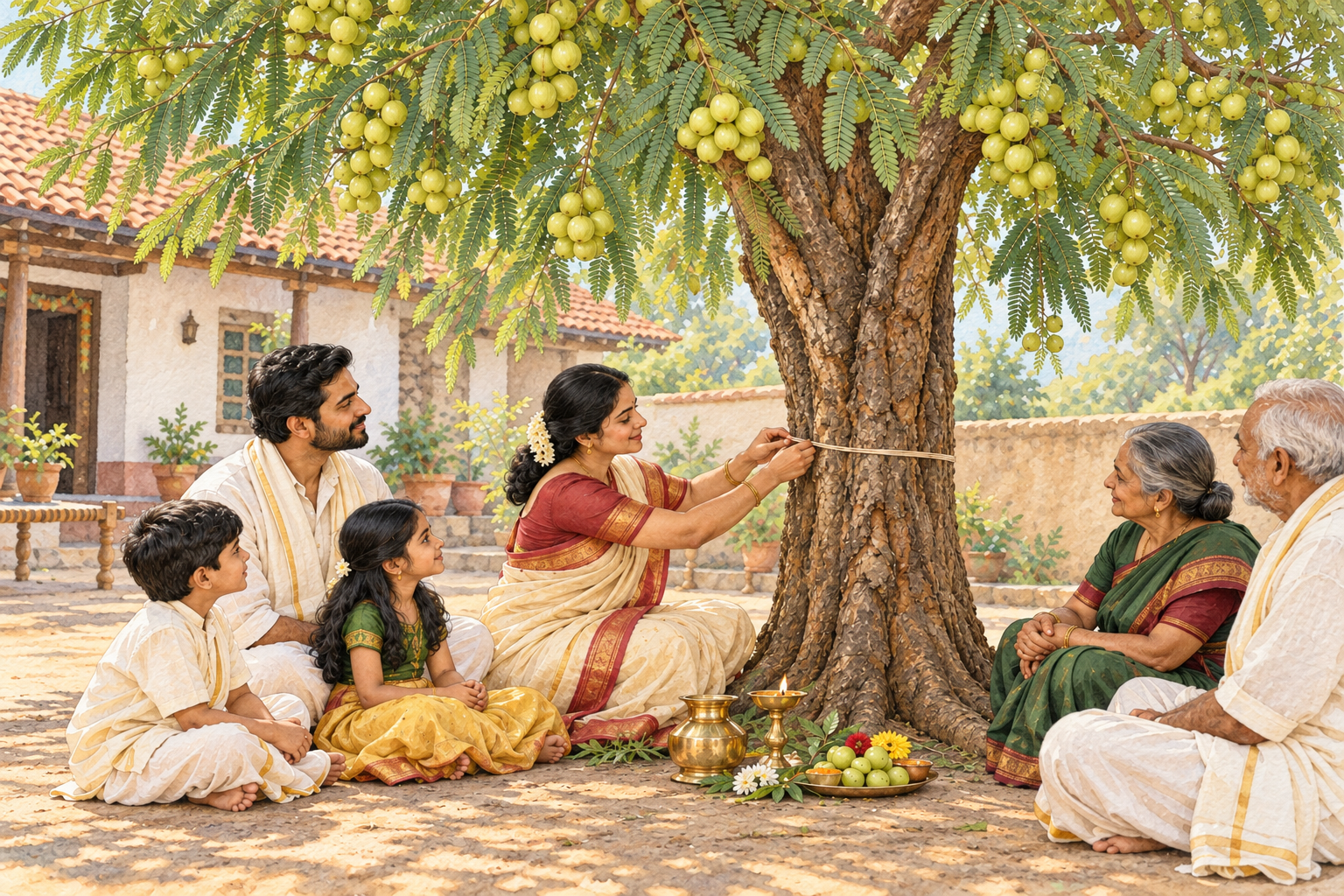A family places a lamp, flowers and food beneath a fruiting Indian gooseberry tree while a ceremonial thread is tied around its trunk.