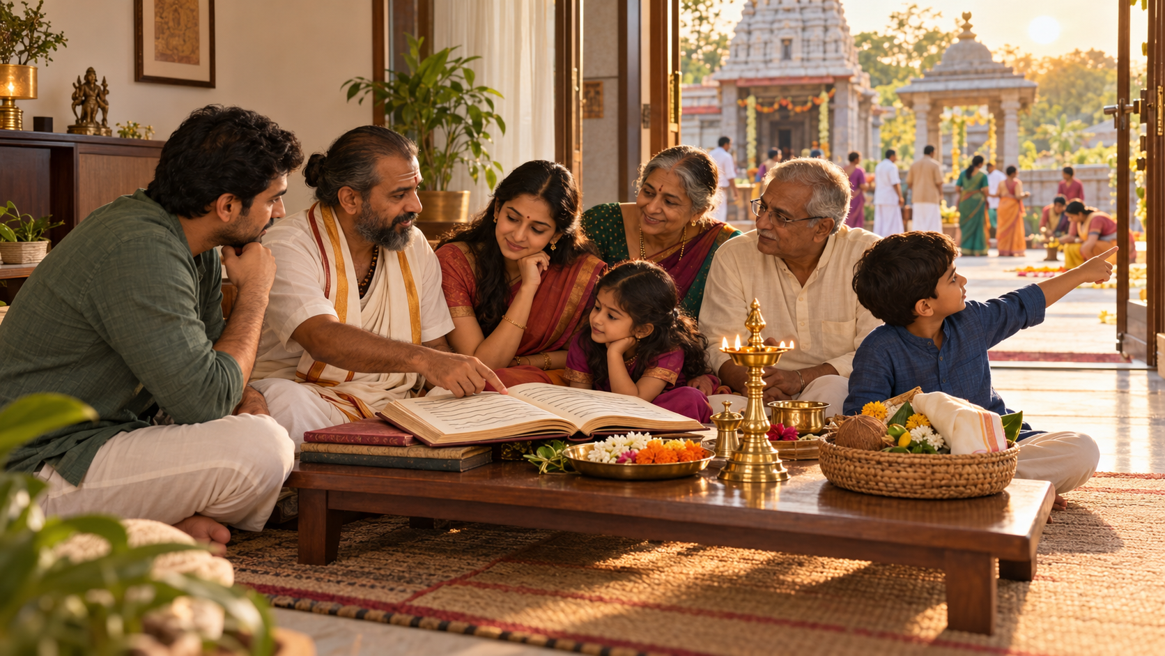 A family consults an open almanac with a temple guide while arranging ritual items and neighbors prepare a courtyard gathering outside.