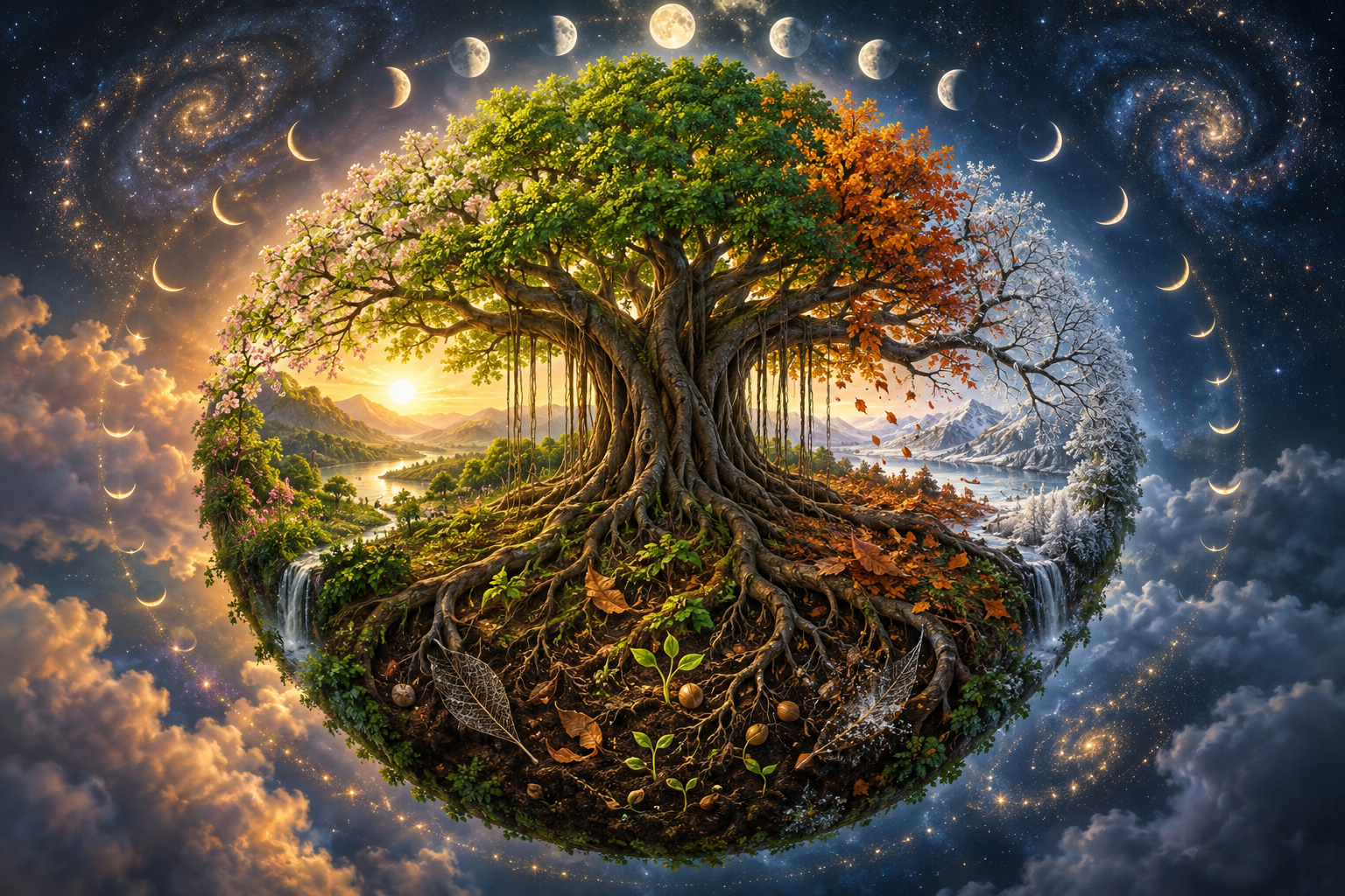 A banyan tree passes through four seasons in a circular landscape, with fallen leaves, seeds, and new sprouts among its roots.