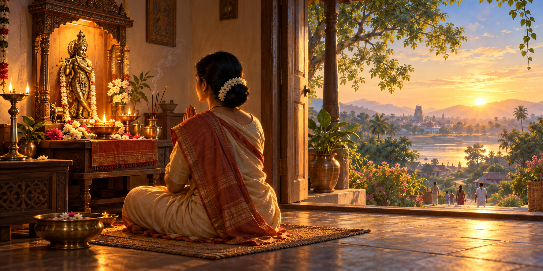 A seated devotee meditates before a lamp-lit Hindu home shrine as warm light continues through an open doorway into the surrounding trees and community.