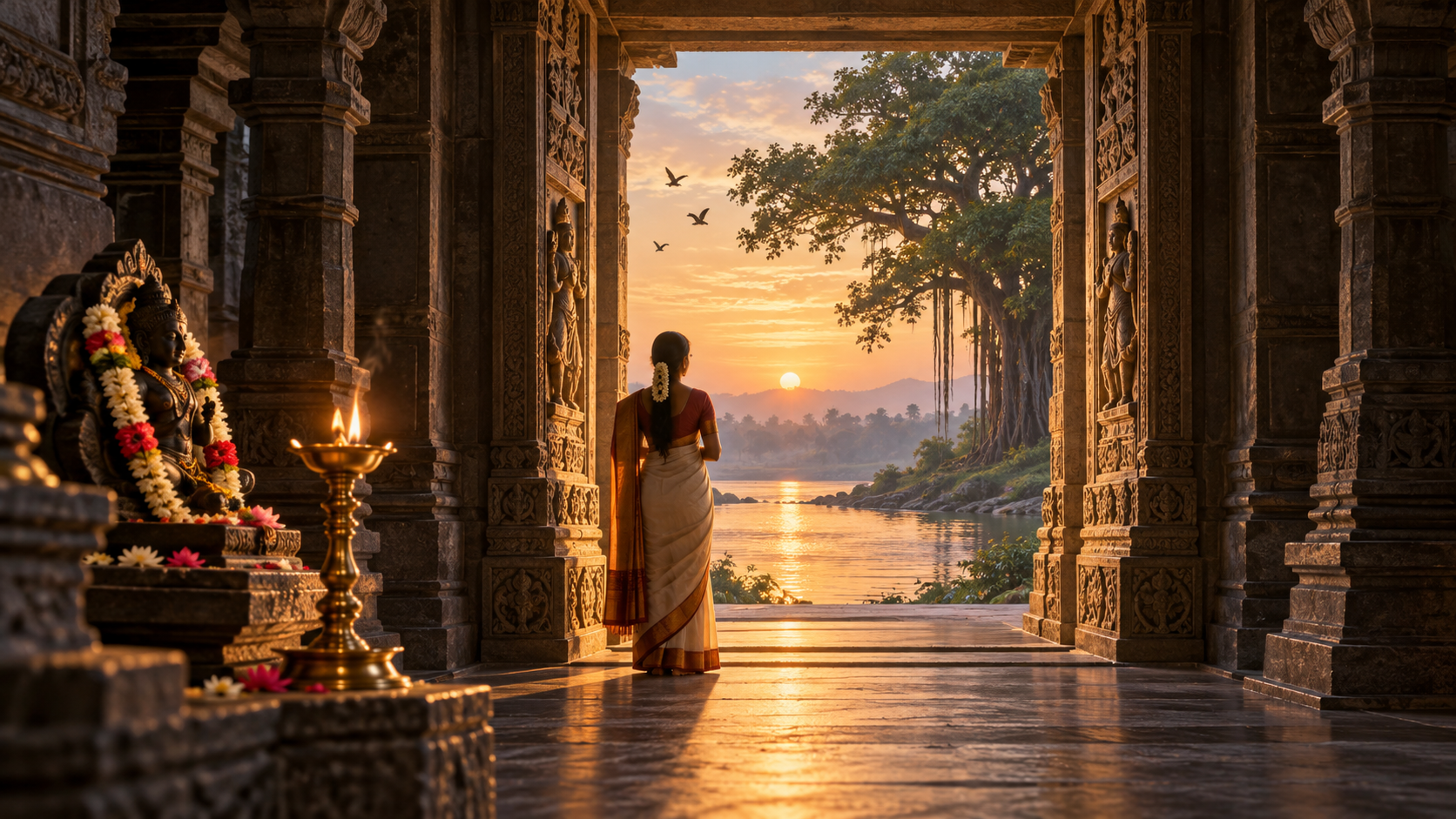 A devotee stands between a flower-adorned temple shrine and an open stone doorway overlooking a river and banyan tree at sunrise.