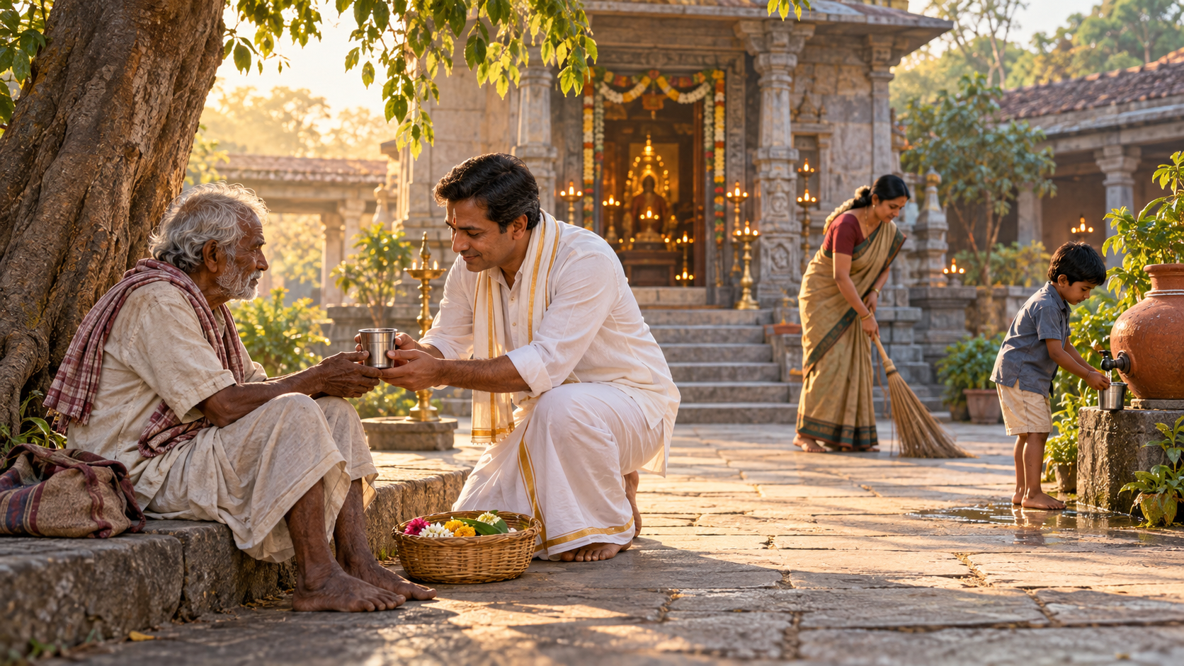 Outside a Hindu temple, a devotee offers water to an older visitor while other people care for the shared courtyard.