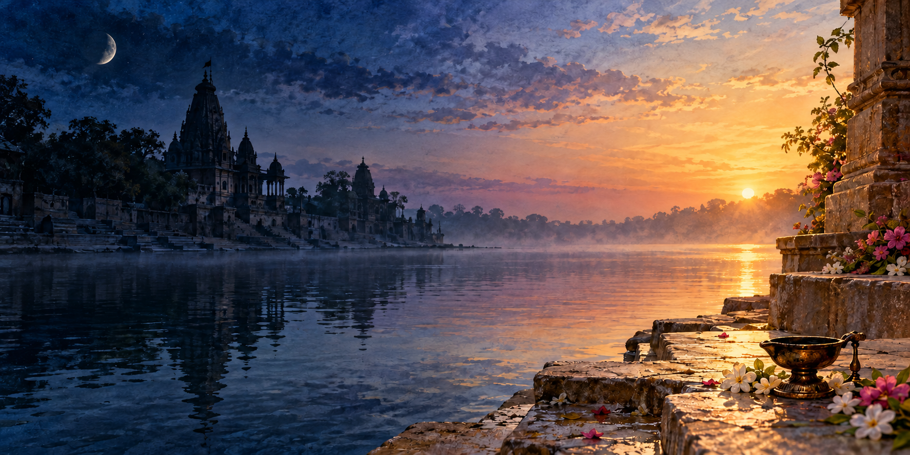 A moonlit riverside temple scene gradually changes from deep night to golden early morning across a single landscape.
