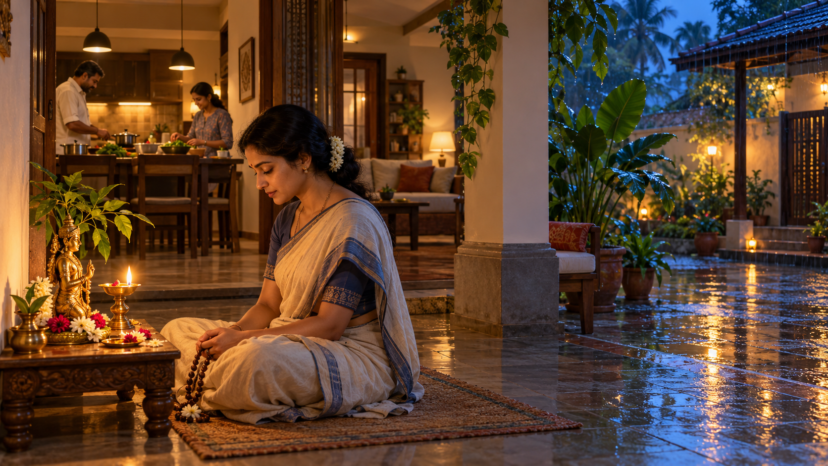 A practitioner sits beside a small evening puja while warm light also falls on family members, leaves, and a rain-wet courtyard.