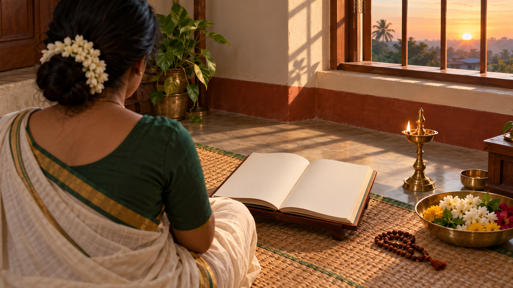 A person sits at a home prayer space with a blank open almanac, flowers, prayer beads, and a brass lamp near a dawn-lit window.