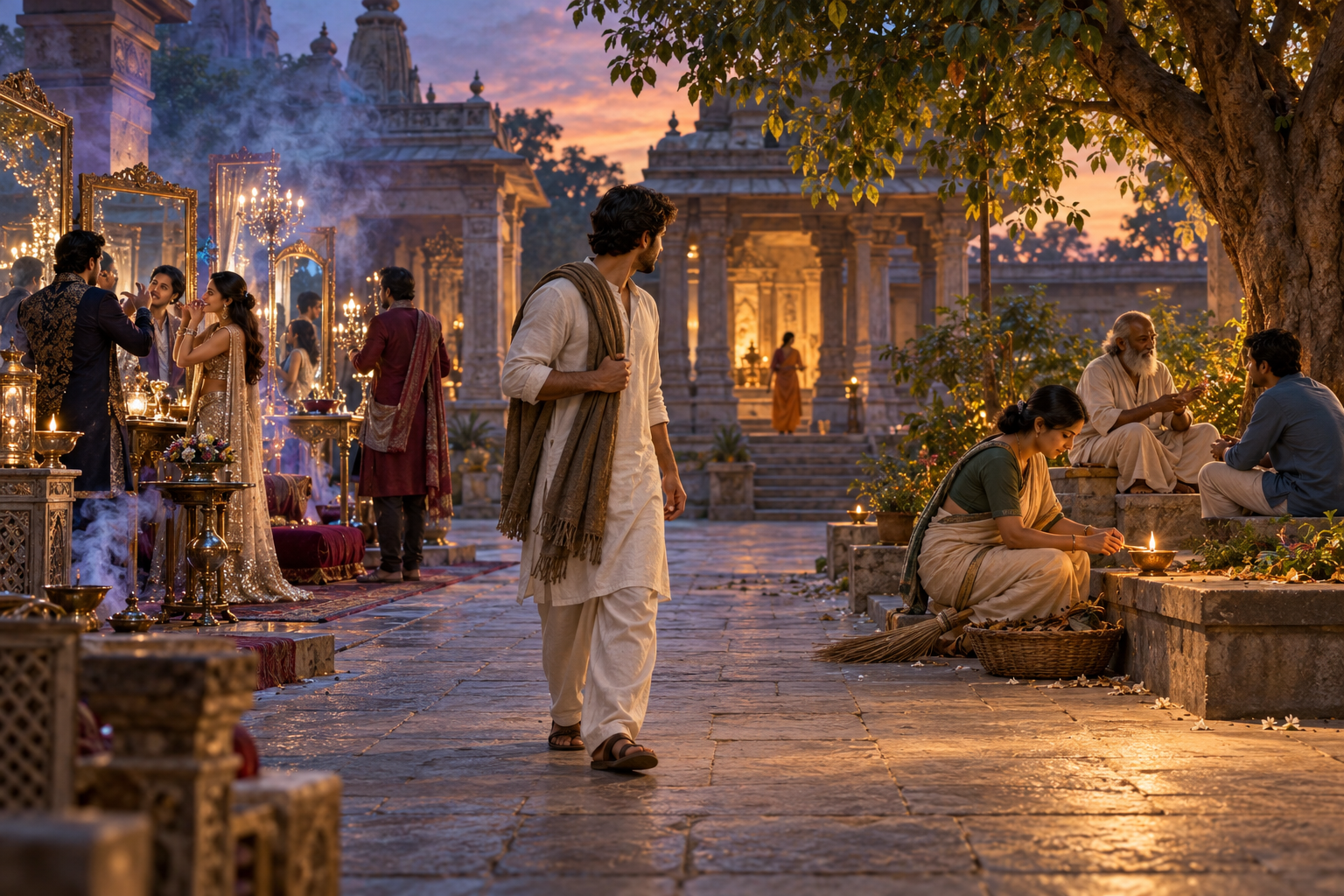A seeker in a temple courtyard turns away from a display of mirrors and smoke toward people quietly tending a lamp, cleaning, and listening.