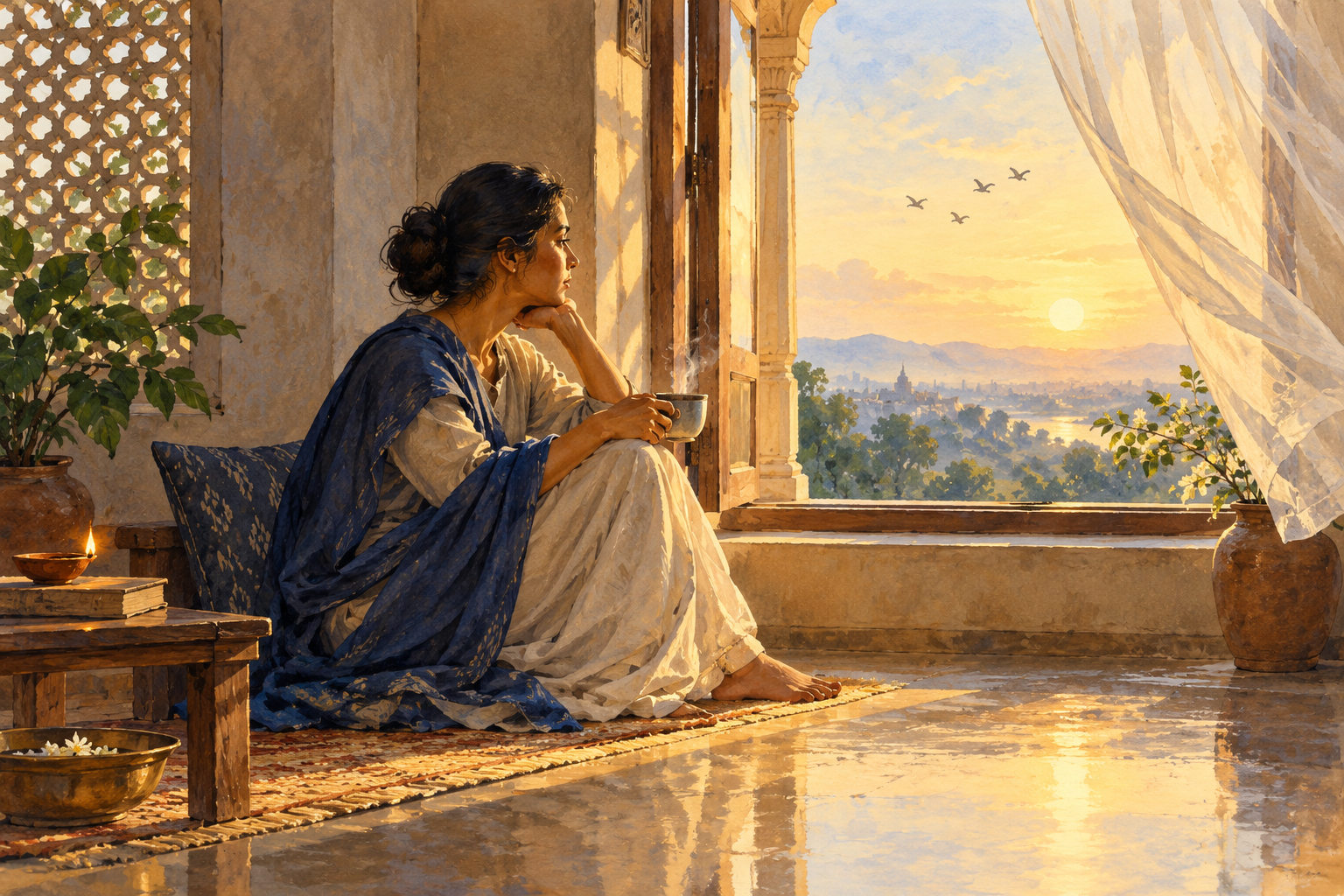 A person sits quietly beside an open window at dawn as a curtain moves, birds pass outside, and steam rises from a cup.