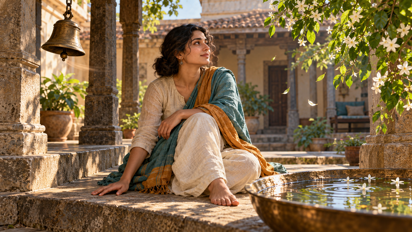 A person stands in a sunlit courtyard near a swinging bell, moving jasmine leaves, a bowl of water, and a stone ledge.