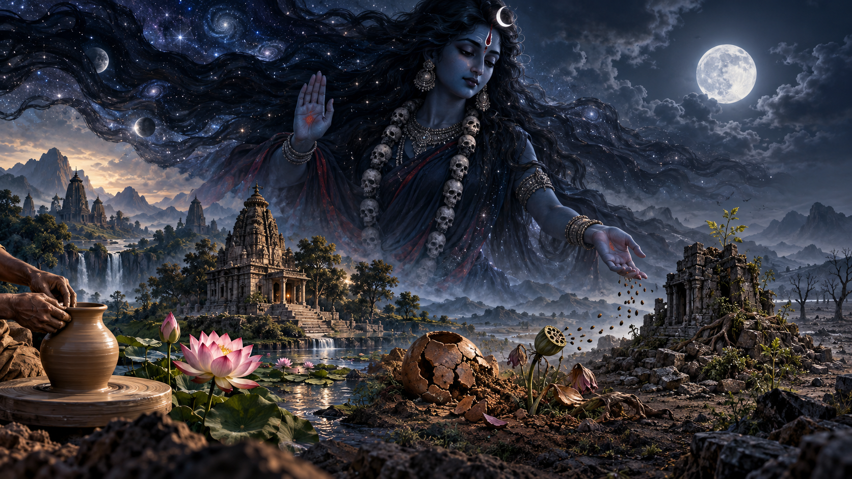 A translucent figure of Kali crosses a moonlit landscape where a clay pot, lotus, and stone temple weather and return to the earth.