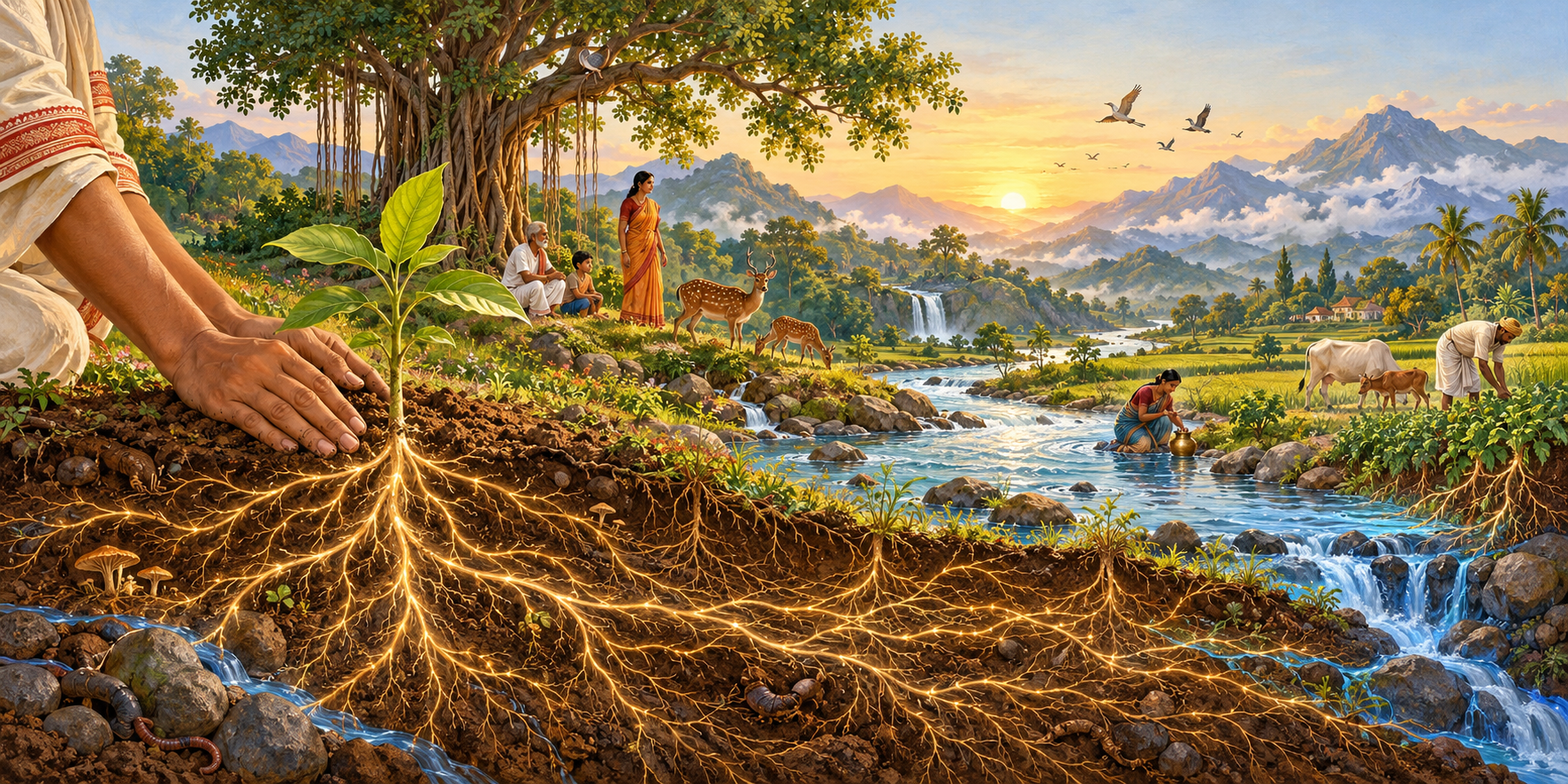 Hands touch fertile soil beside a sapling in an interconnected landscape of a river, fields, trees, animals, mountains, and a family caring for the land.