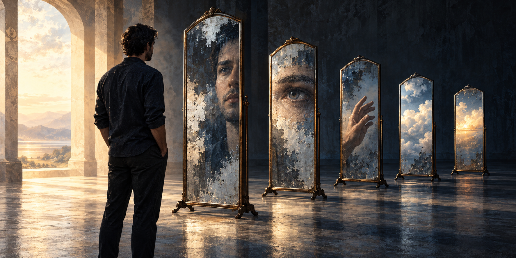 A person faces several mirrors that reflect separate fragments of a face, a hand, clouds, and changing light.