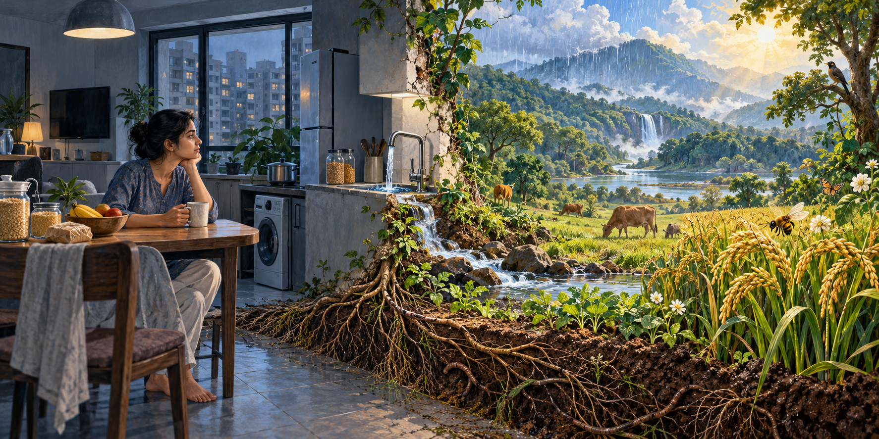 An apartment interior transitions into soil, crops, a river, forest, animals, sunlight, and rain, revealing the natural sources behind daily life.