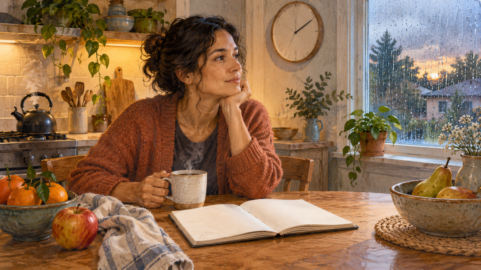 A person pauses with a cup at a kitchen table while a kettle steams and rain falls outside the window.