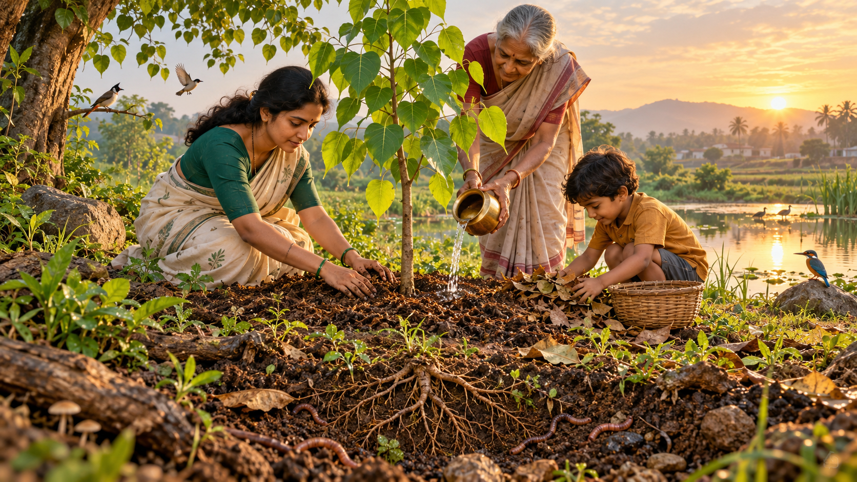 Three generations tend a young sacred fig tree with compost, water, and gathered leaves beside a small pond at sunrise.