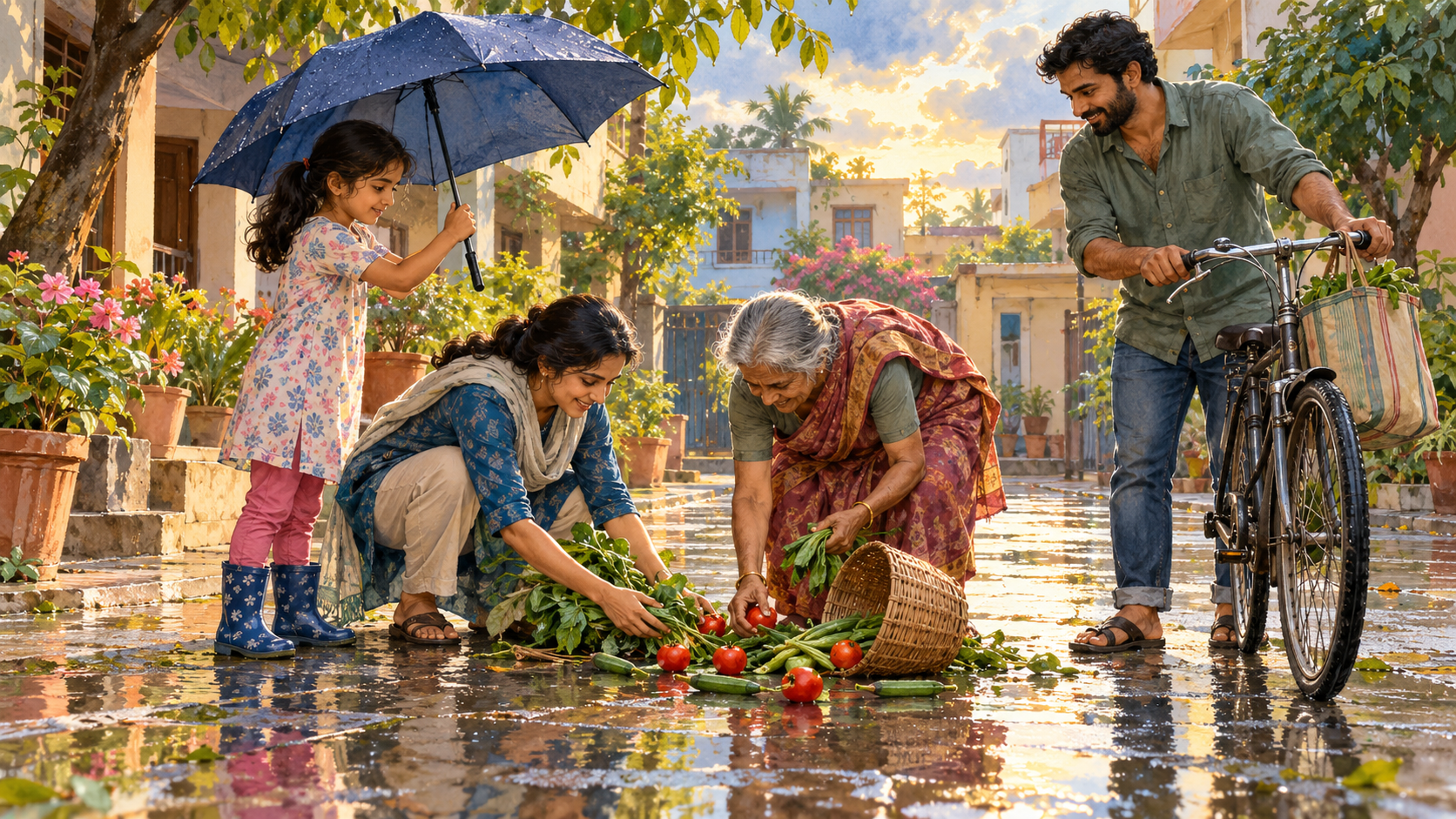 Several people help an older adult gather spilled vegetables in a rain-wet neighborhood courtyard.