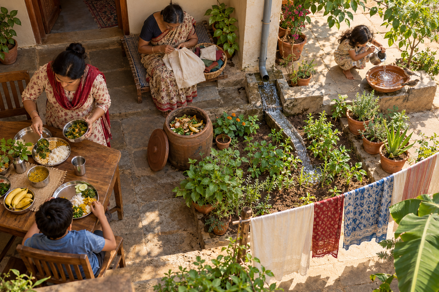People in a home courtyard share a simple meal, repair a cloth bag, compost food scraps, collect rainwater, grow herbs, and refill a bird bowl.