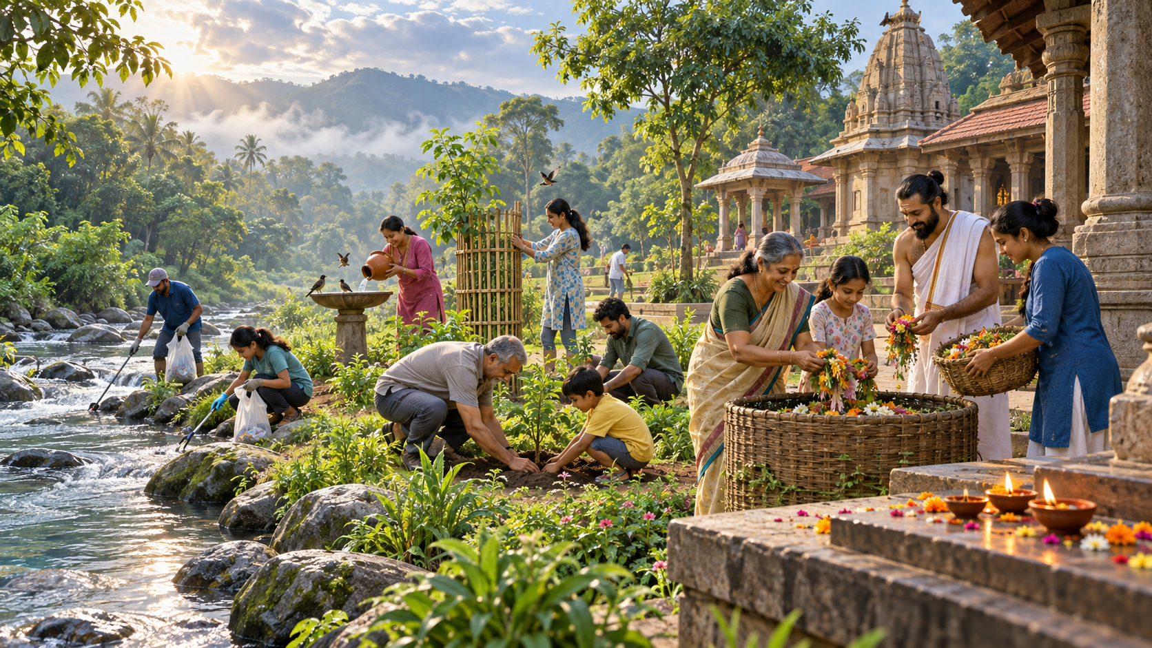 Community members near a temple compost flower offerings, clean a stream bank, plant native shrubs, care for birds, and protect a young tree.