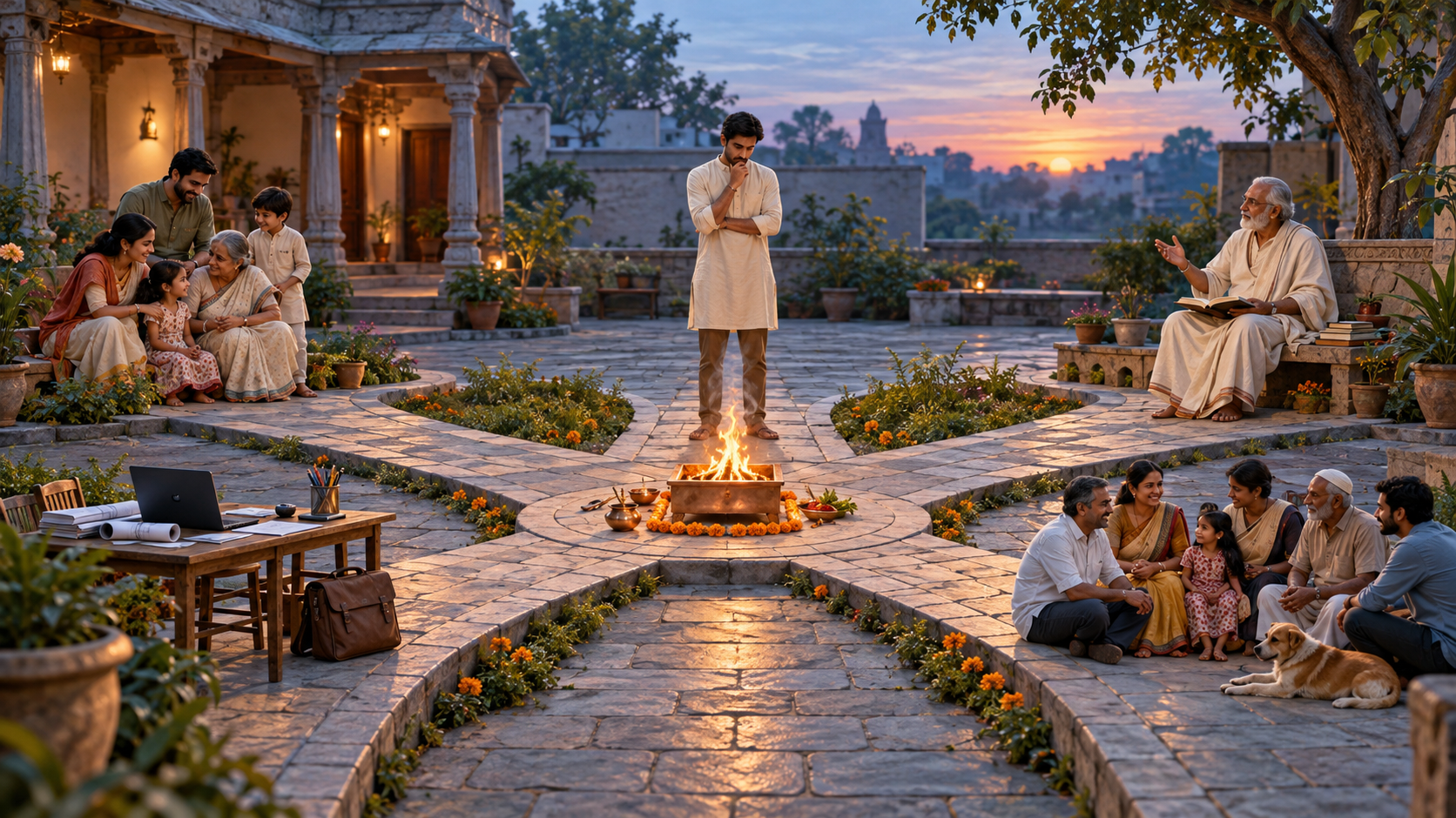 A thoughtful person stands where several courtyard paths from a family, an elder, a workplace, and a community meet around a small sacred fire.