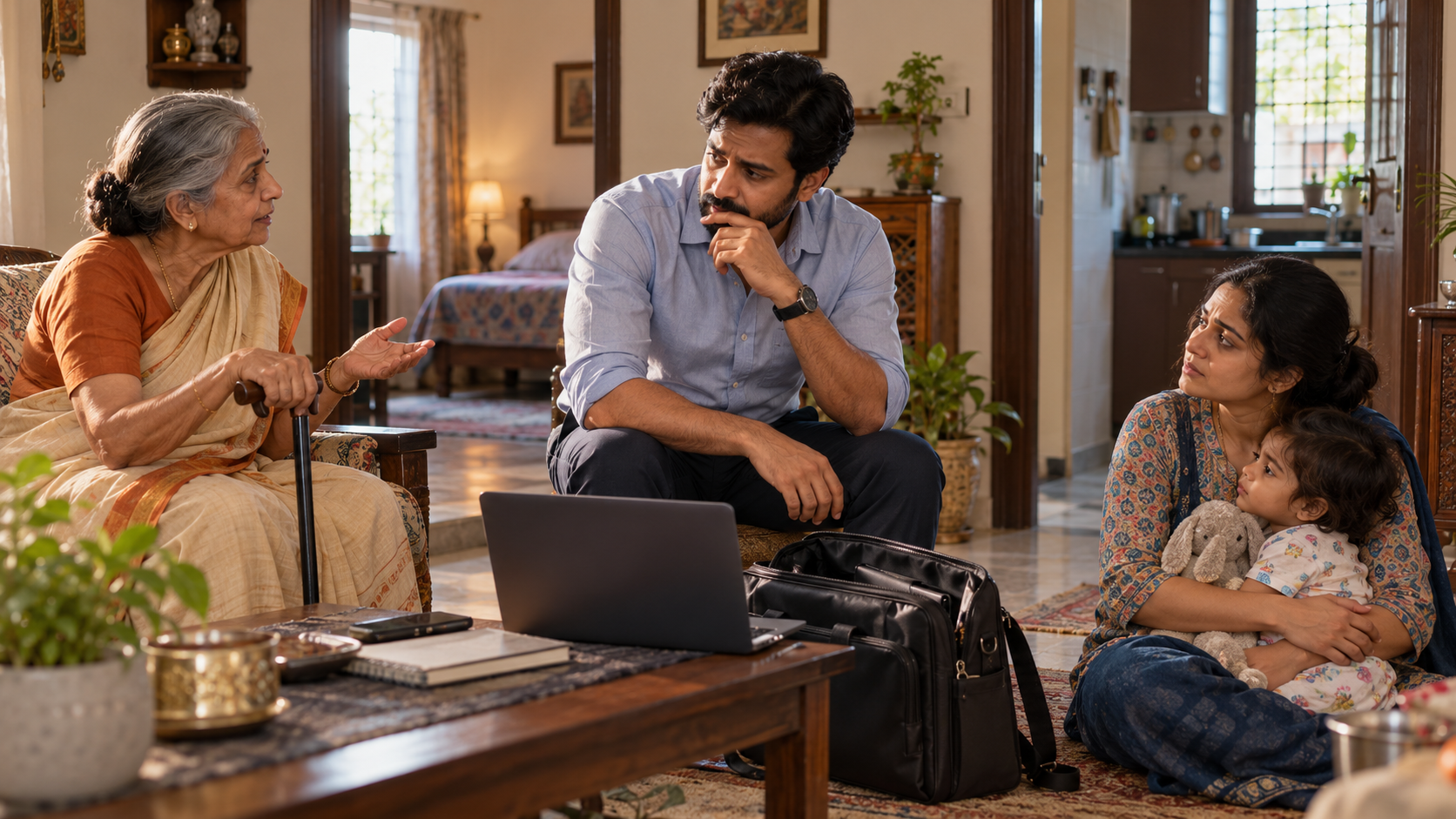 An adult pauses in a home between an elderly parent, a partner holding a child, and work equipment waiting by the doorway.
