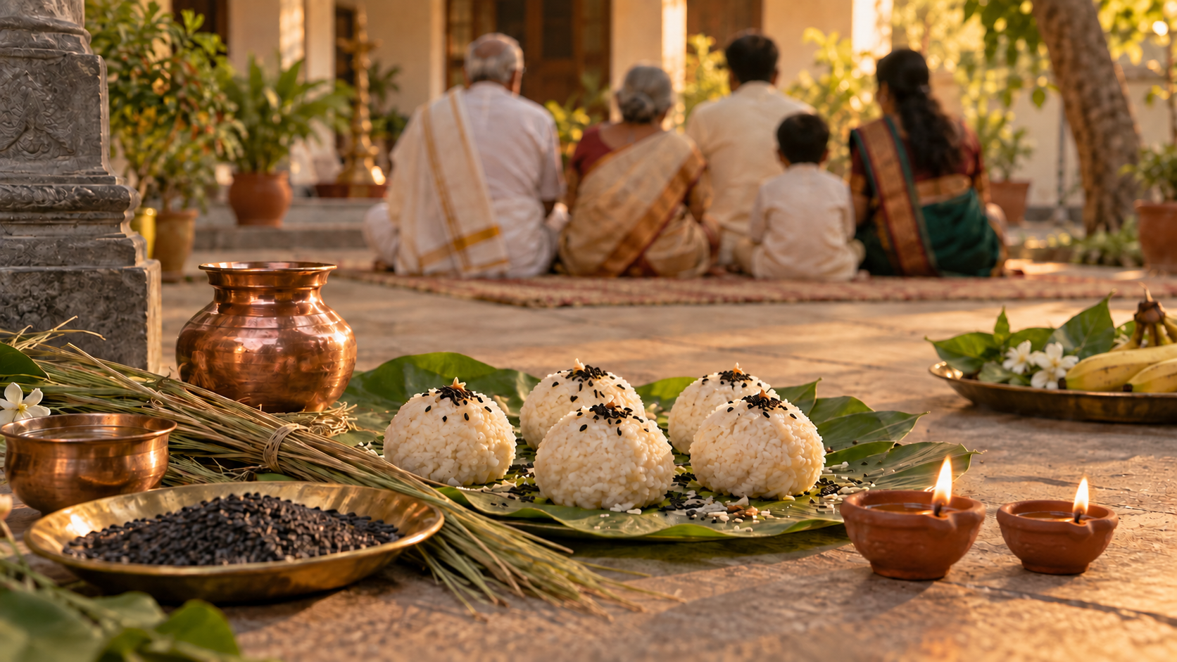 Grouped rice offerings and ritual vessels are arranged before family members of three generations seated in a courtyard.