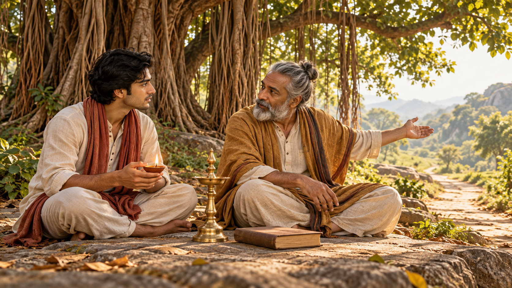 A younger adult holding a lit clay lamp speaks with an older mentor seated beneath a banyan tree beside a closed manuscript.