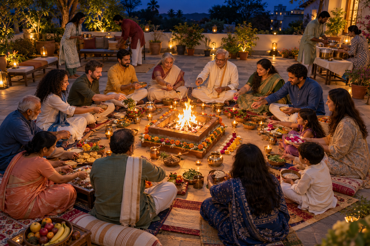 People of different ages form a circle around a small yajna fire, contributing offerings, arranging seats, and preparing food together.
