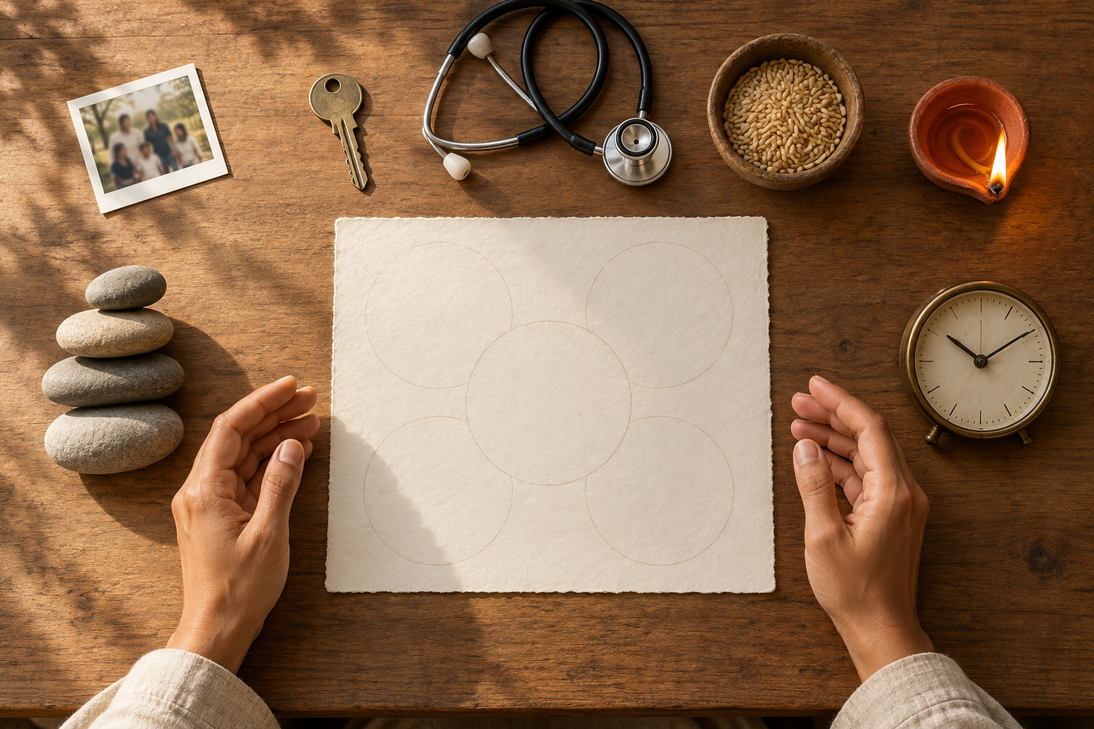 Hands hover over a blank divided sheet surrounded by a key, a professional tool, grain, a clay lamp, balanced stones, and a clock.