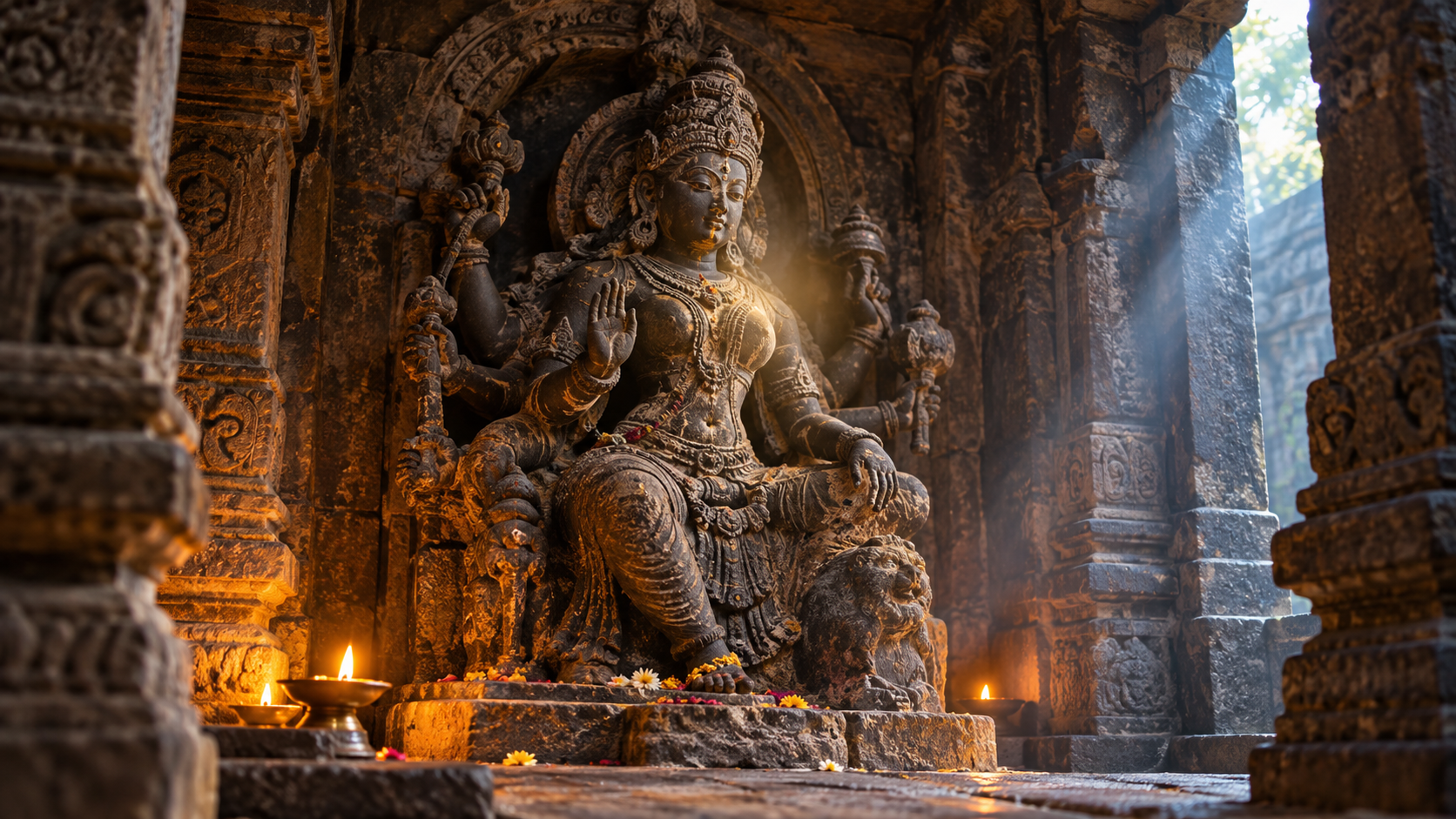 A weathered stone goddess sculpture in a small temple alcove, illuminated by oil lamps and a subtle glow around the chest.