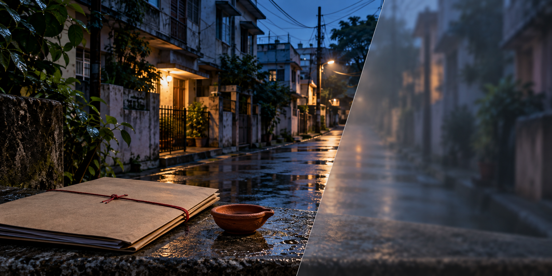 An empty rain-darkened neighborhood lane at dusk with a sealed case folder and an unlit clay lamp in the foreground.