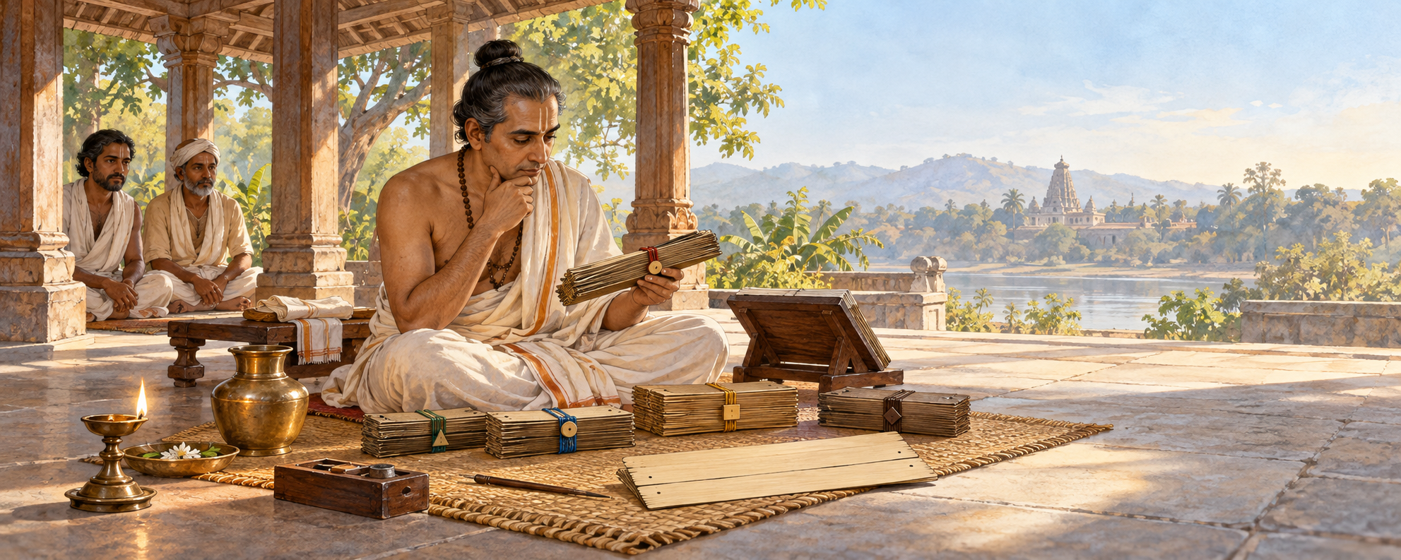 A premodern Indian scholar compares palm-leaf manuscript bundles in an open study pavilion while two householders wait nearby.