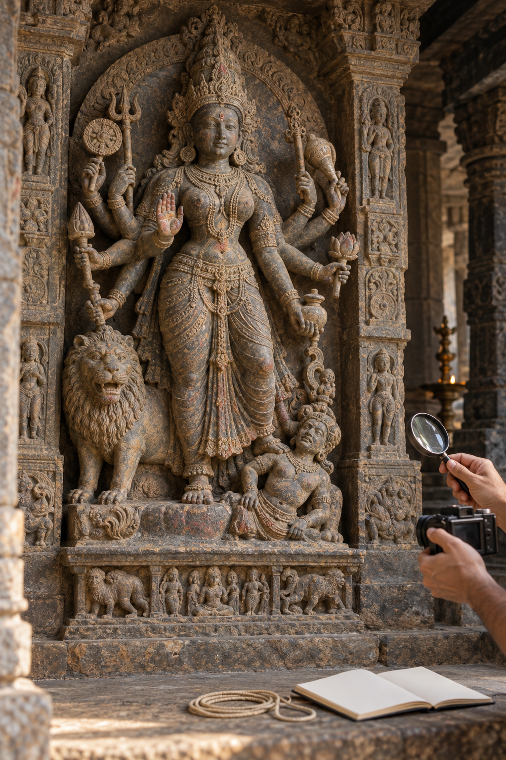 A researcher documents the posture, hands, ornaments, and pedestal of a weathered stone goddess sculpture using a magnifying lens and camera.