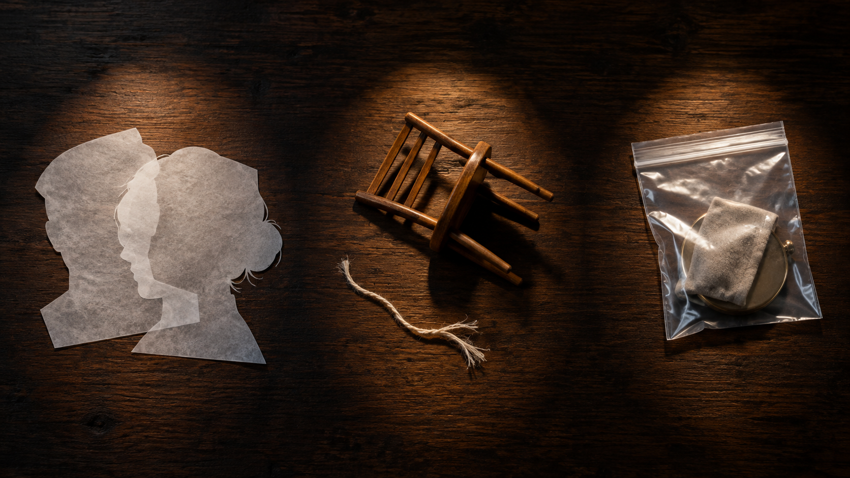 Three separate illuminated arrangements show paper face silhouettes, an overturned miniature chair and a sealed evidence bag on a dark table.