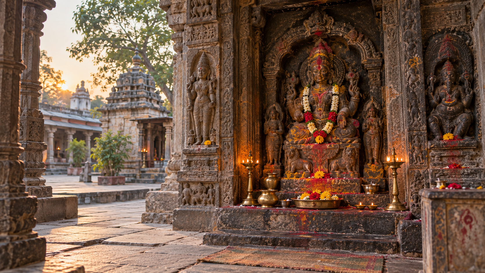 A stone goddess sculpture appears inside a historic shrine surrounded by carved attendants, pedestal motifs, lamps, flowers, and ritual vessels.
