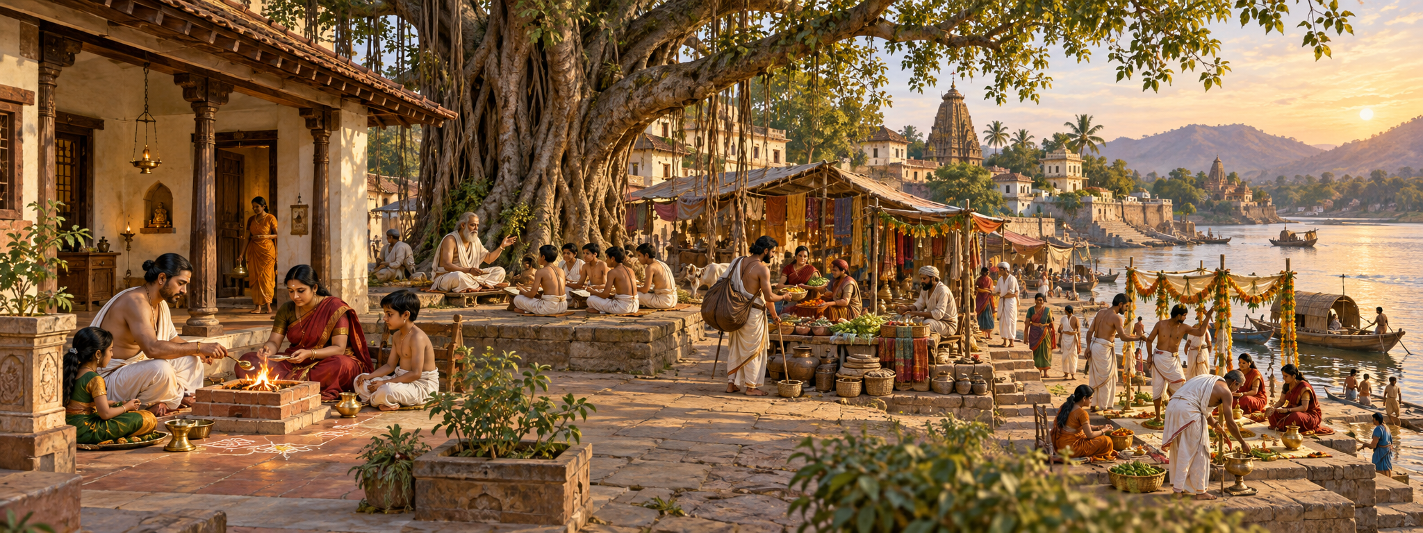 Families, students, neighbors, artisans, and ritual participants carry out different duties in a premodern Indian riverside settlement.