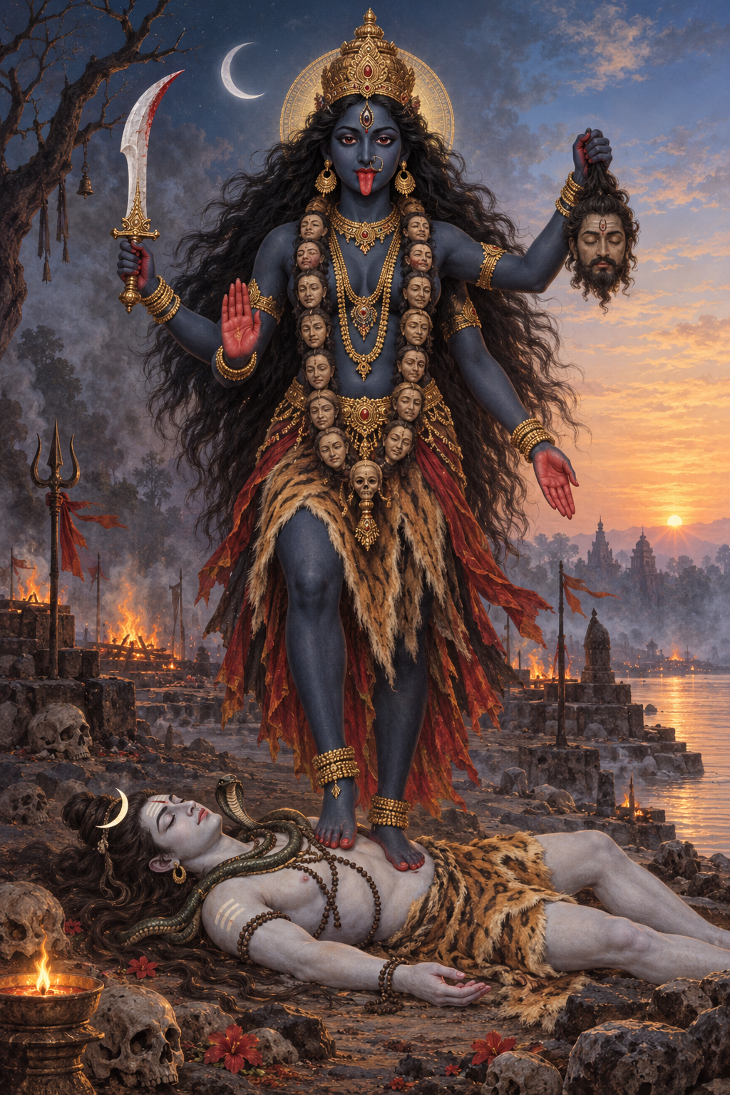 Four-armed Kali holds a curved sword and a symbolic demon head, raises hands in blessing and fearlessness, and stands above the reclining Shiva.