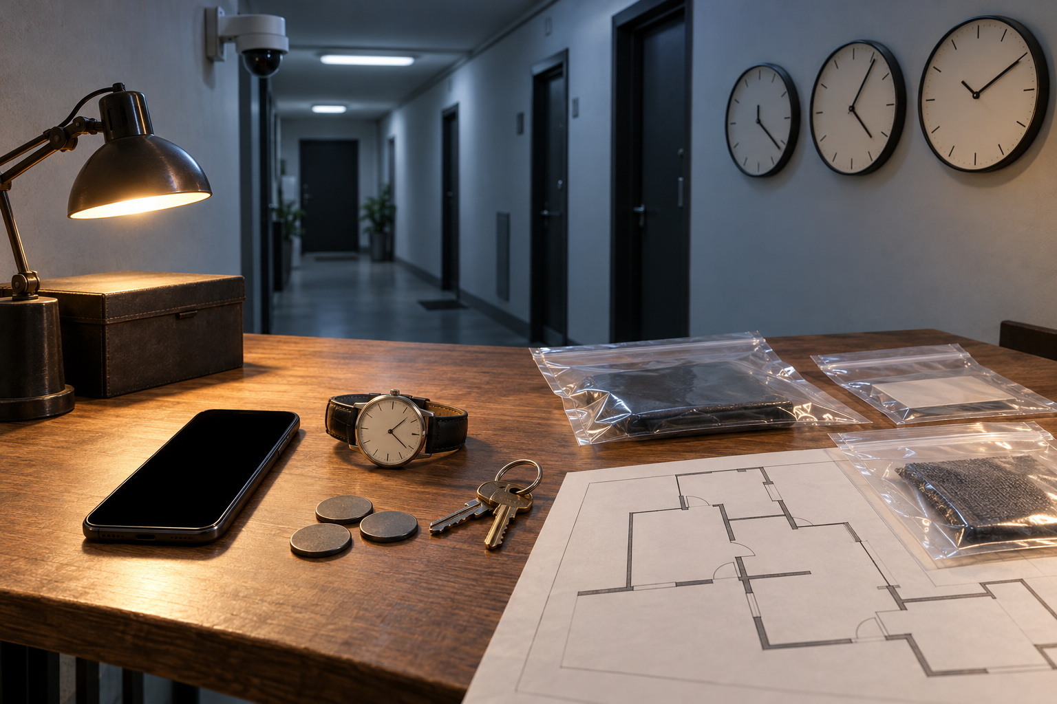 A security camera overlooks a table arranged with a blank phone, wristwatch, keys and sealed evidence sleeves.