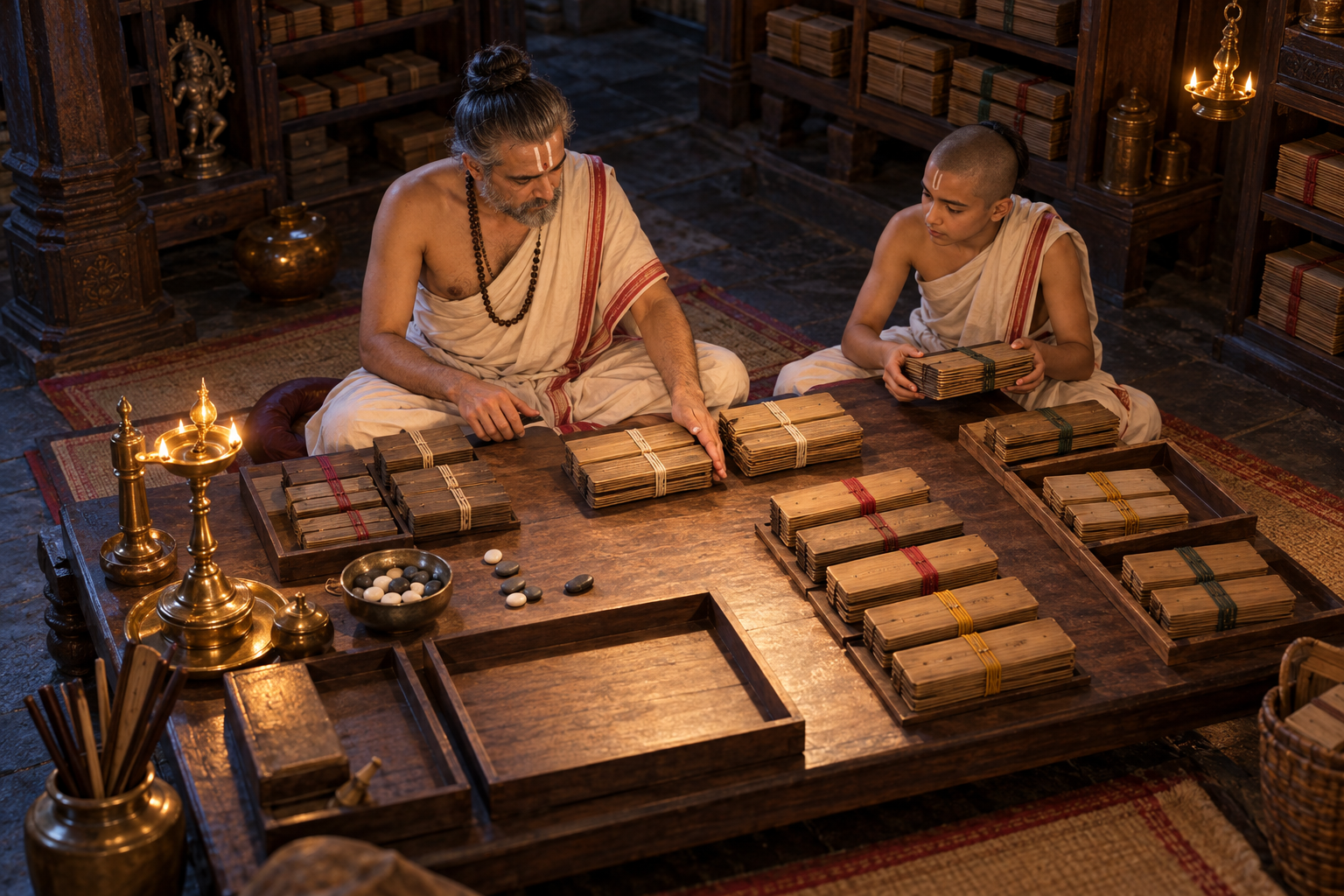 A scholar and assistant sort palm-leaf manuscript bundles and counting stones on a low work platform.