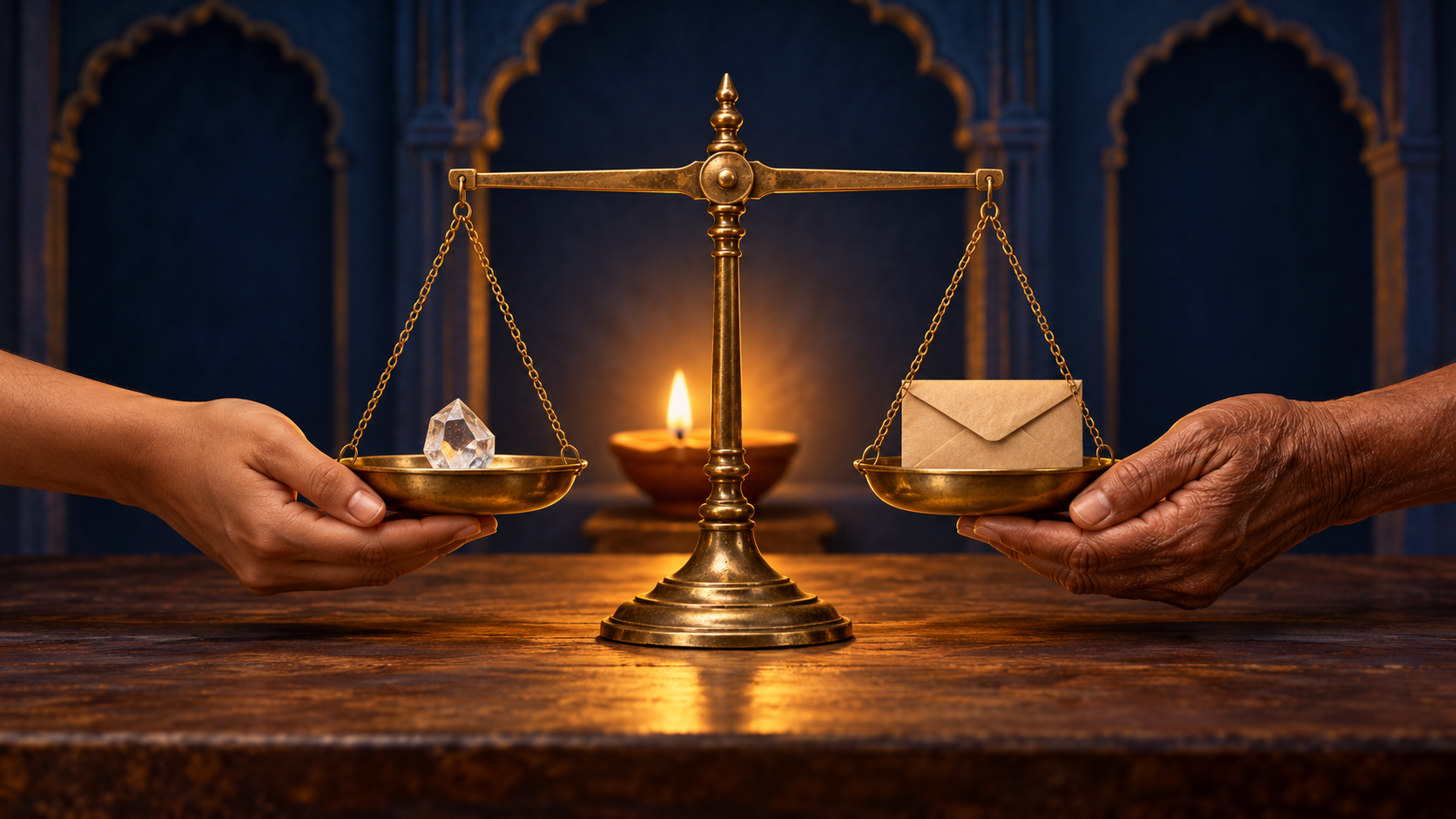 Two anonymous hands steady a brass balance holding a clear crystal and a sealed evidence envelope beside a lit clay lamp.